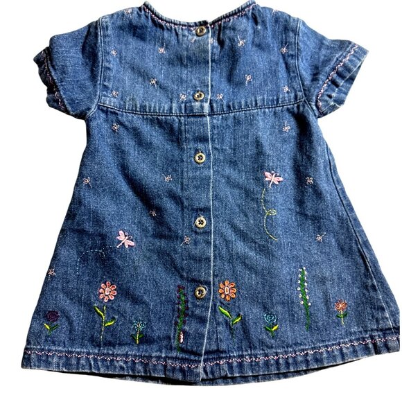 Adorable Blue Denim Baby Dress 12 Mo Dragonfly Flowers Back Buttons Cotton - Picture 5 of 7